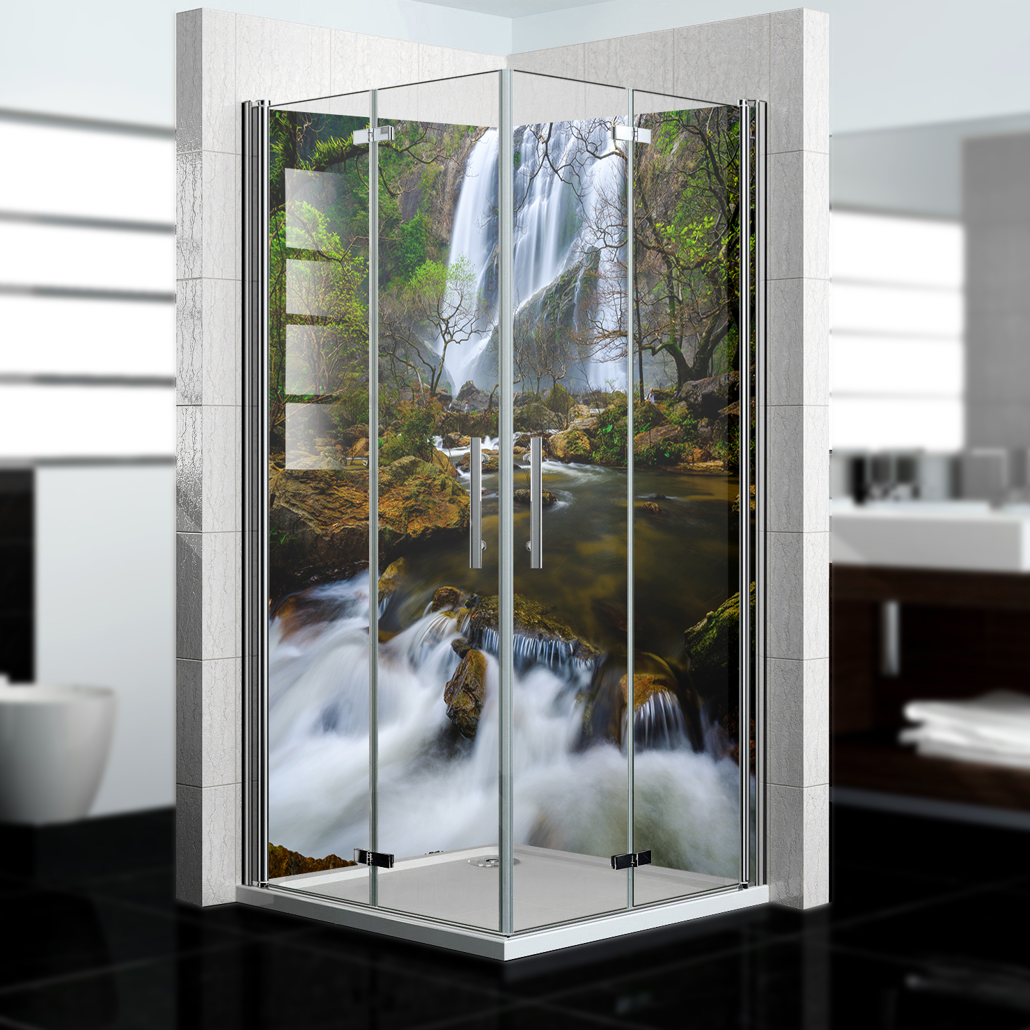Duschrückwand mit Wasserfall V3 Motiv, als Badrückwand zum Fliesenersatz  Duschrückwand mit Wasserfall V3 Motiv, als Badrückwand zum Fliesenersatz
