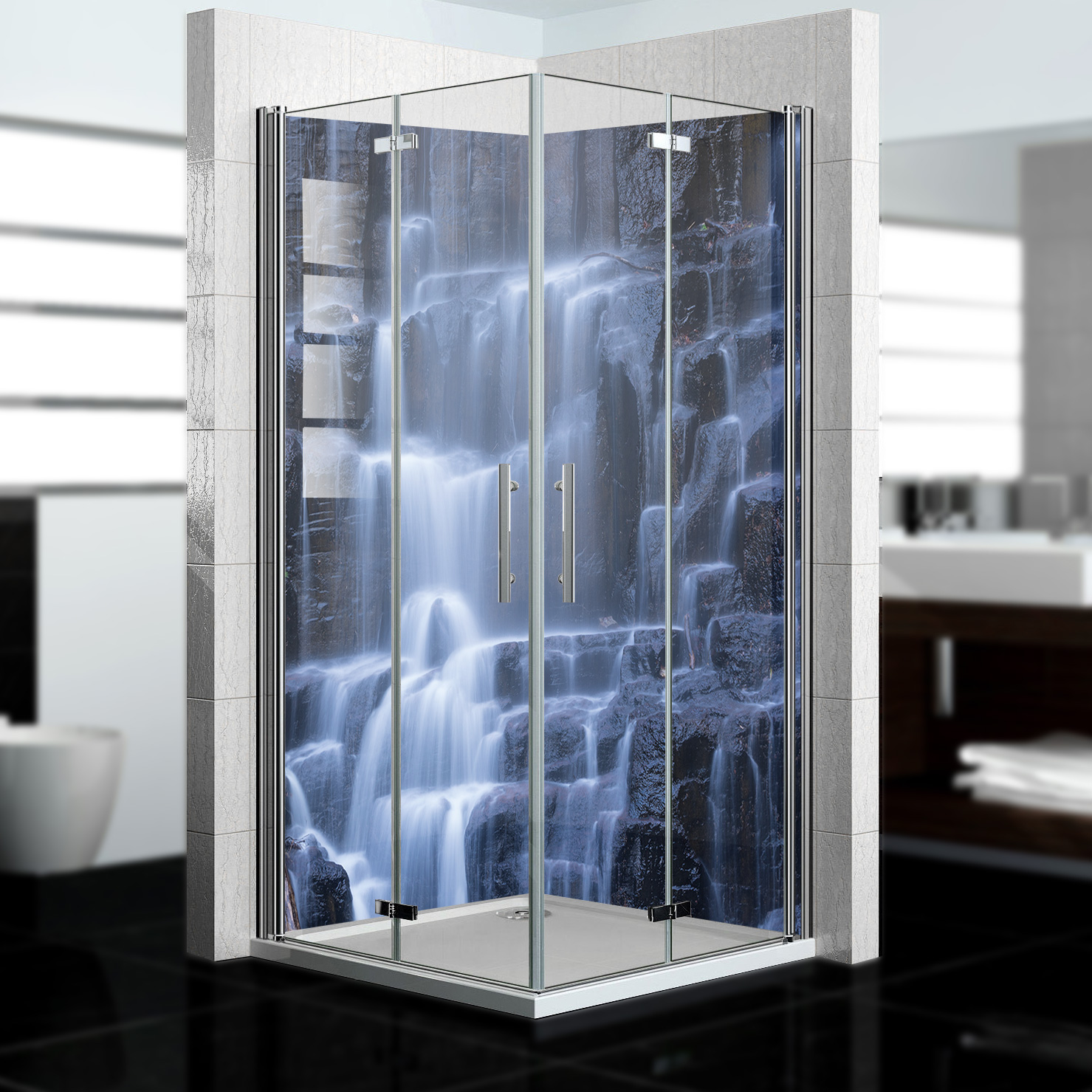 Duschrückwand mit Wasserfall V17 Motiv, als Badrückwand zum Fliesenersatz Duschrückwand mit Wasserfall V17 Motiv, als Badrückwand zum Fliesenersatz
