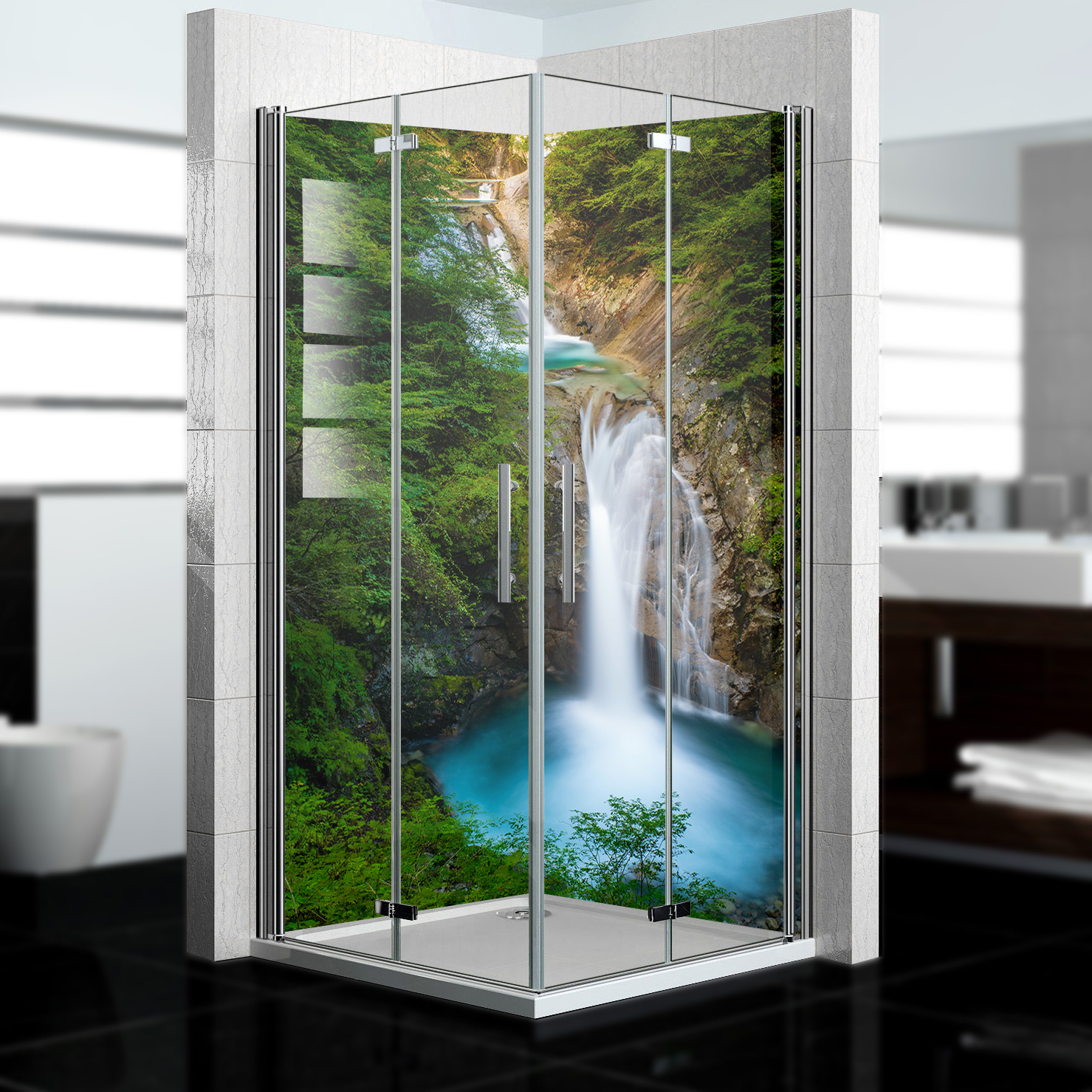 Duschrückwand mit Wasserfall V20 Motiv, als Badrückwand zum Fliesenersatz Duschrückwand mit Wasserfall V20 Motiv, als Badrückwand zum Fliesenersatz