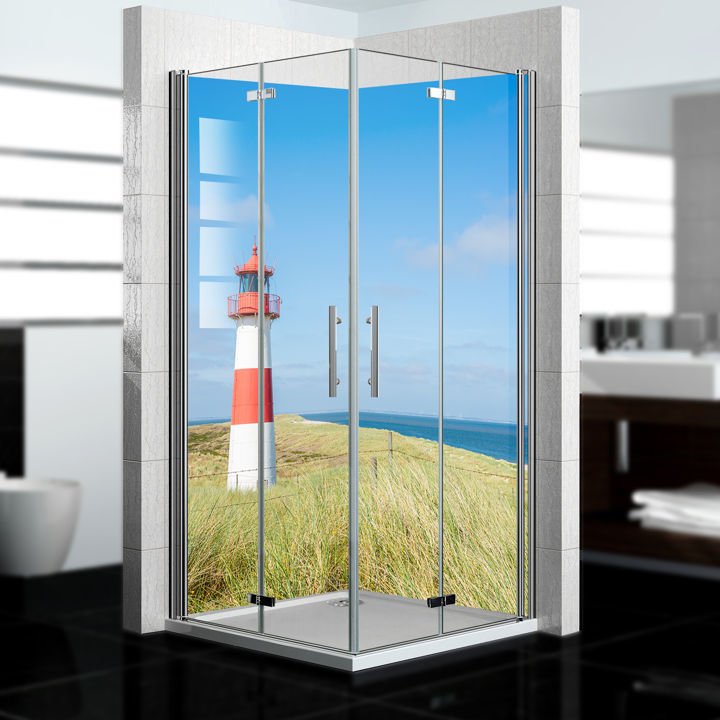 Duschrückwand mit  Leuchtturm V2 Motiv, als Badrückwand zum Fliesenersatz Duschrückwand mit  Leuchtturm V2 Motiv, als Badrückwand zum Fliesenersatz