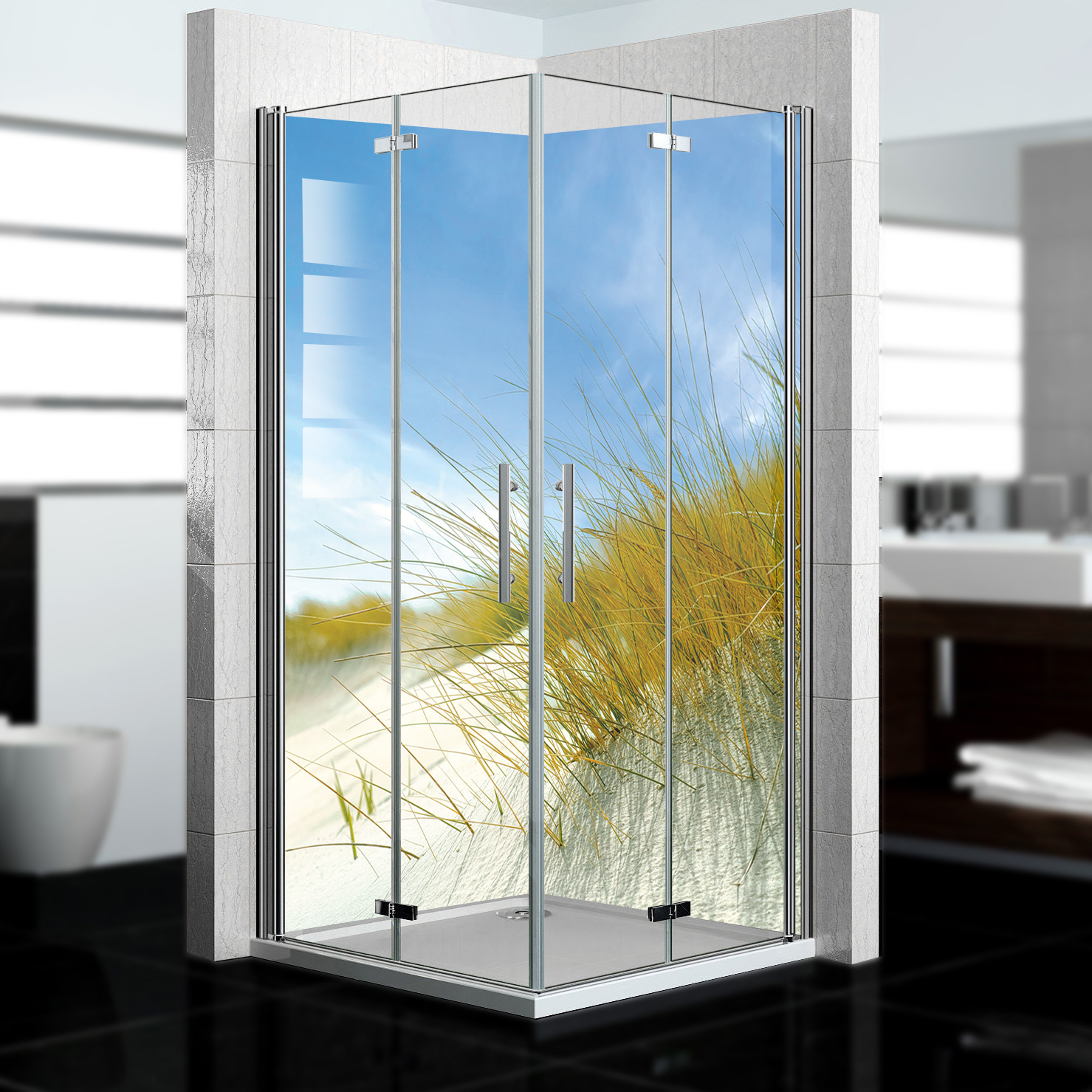 Duschrückwand mit Dünengras V5 Motiv, als Badrückwand zum Fliesenersatz