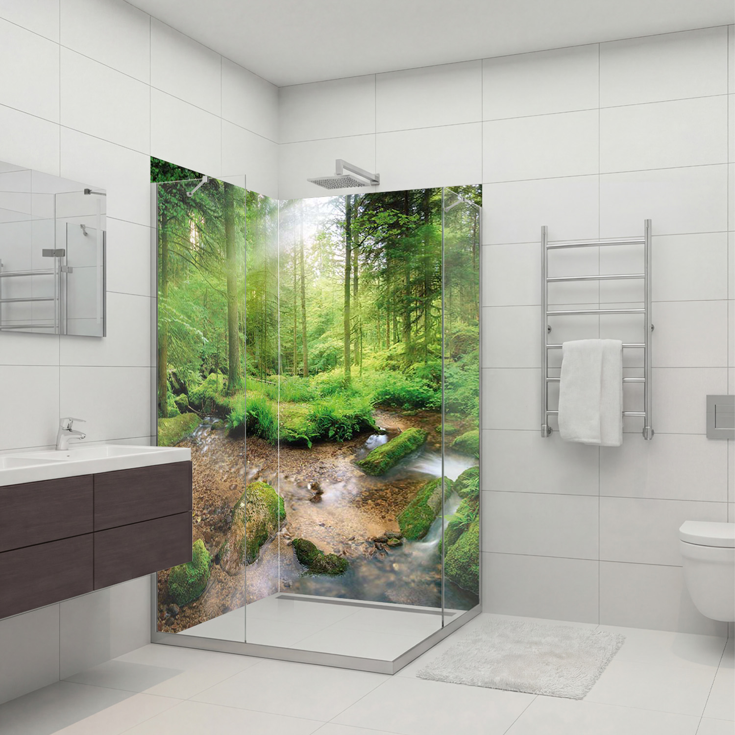 Duschrückwand mit Wald V3 Motiv, als Badrückwand zum Fliesenersatz