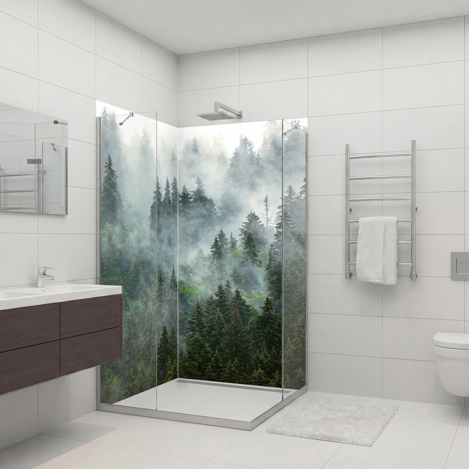 Duschrückwand mit Wald V1 Motiv, als Badrückwand zum Fliesenersatz