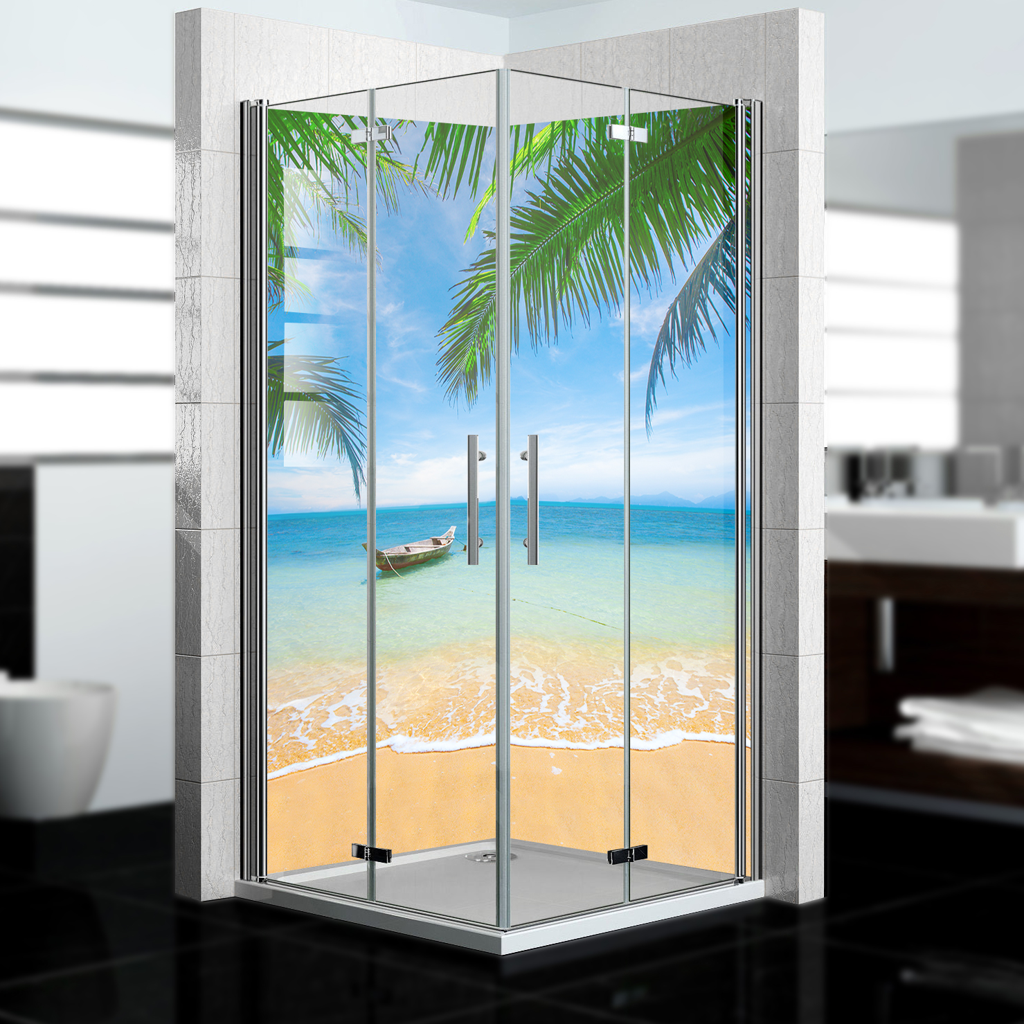 Duschrückwand mit Strand V2 Motiv, als Badrückwand zum Fliesenersatz Duschrückwand mit Strand V2 Motiv, als Badrückwand zum Fliesenersatz
