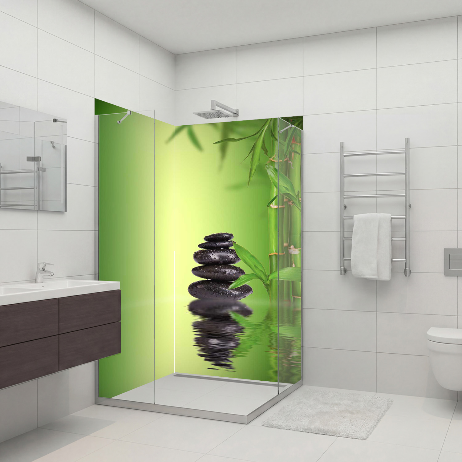 Duschrückwand mit Zen V2 Motiv, als Badrückwand zum Fliesenersatz