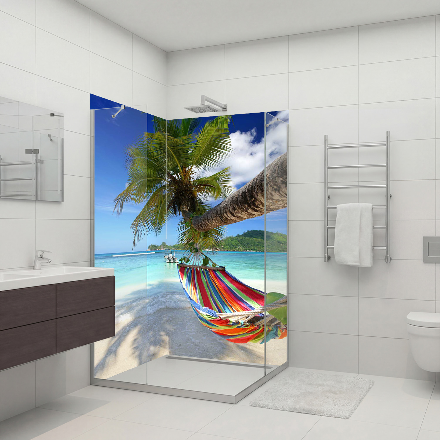 Duschrückwand mit Strand V4 Motiv, als Badrückwand zum Fliesenersatz