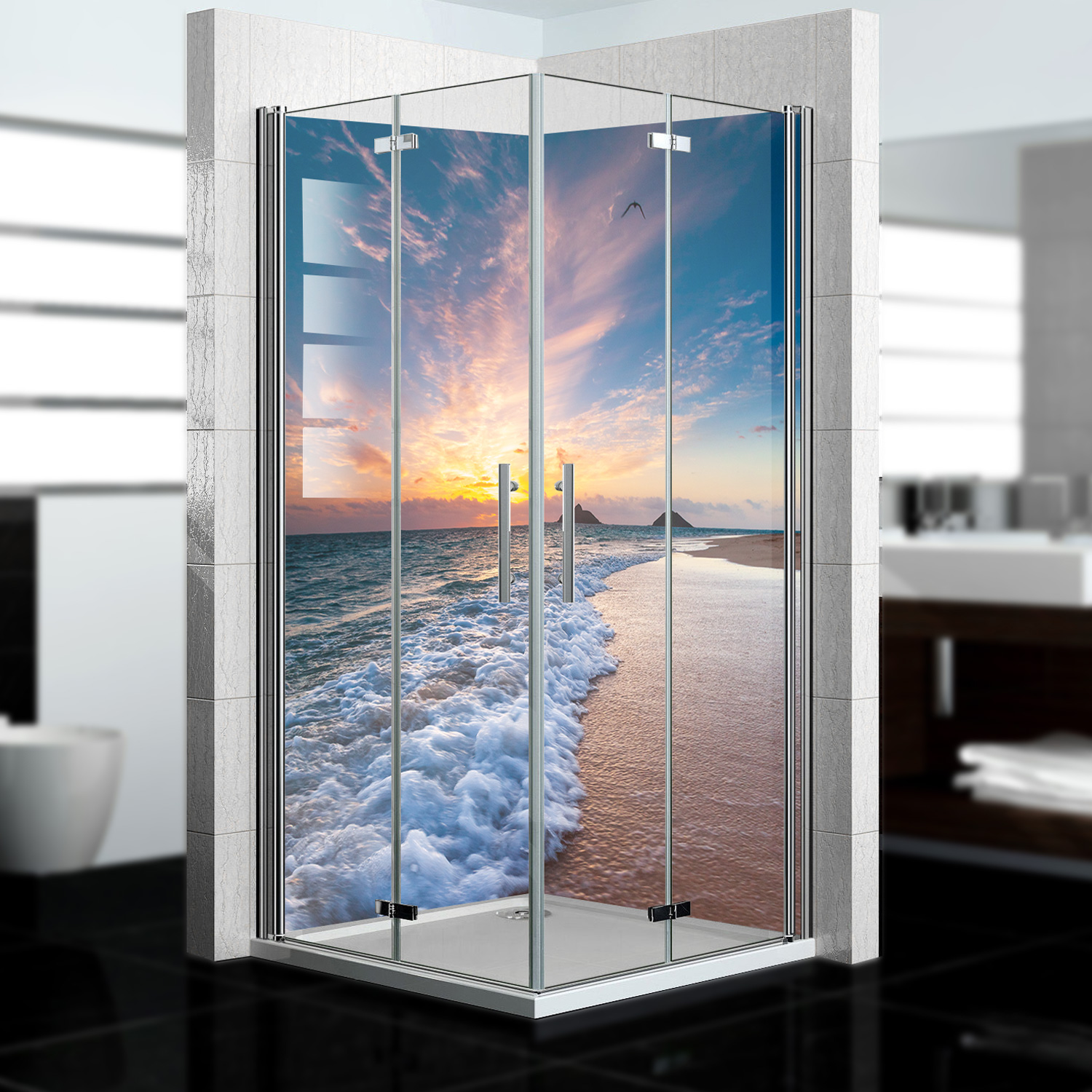 Duschrückwand mit Strand V5 Motiv, als Badrückwand zum Fliesenersatz Duschrückwand mit Strand V5 Motiv, als Badrückwand zum Fliesenersatz