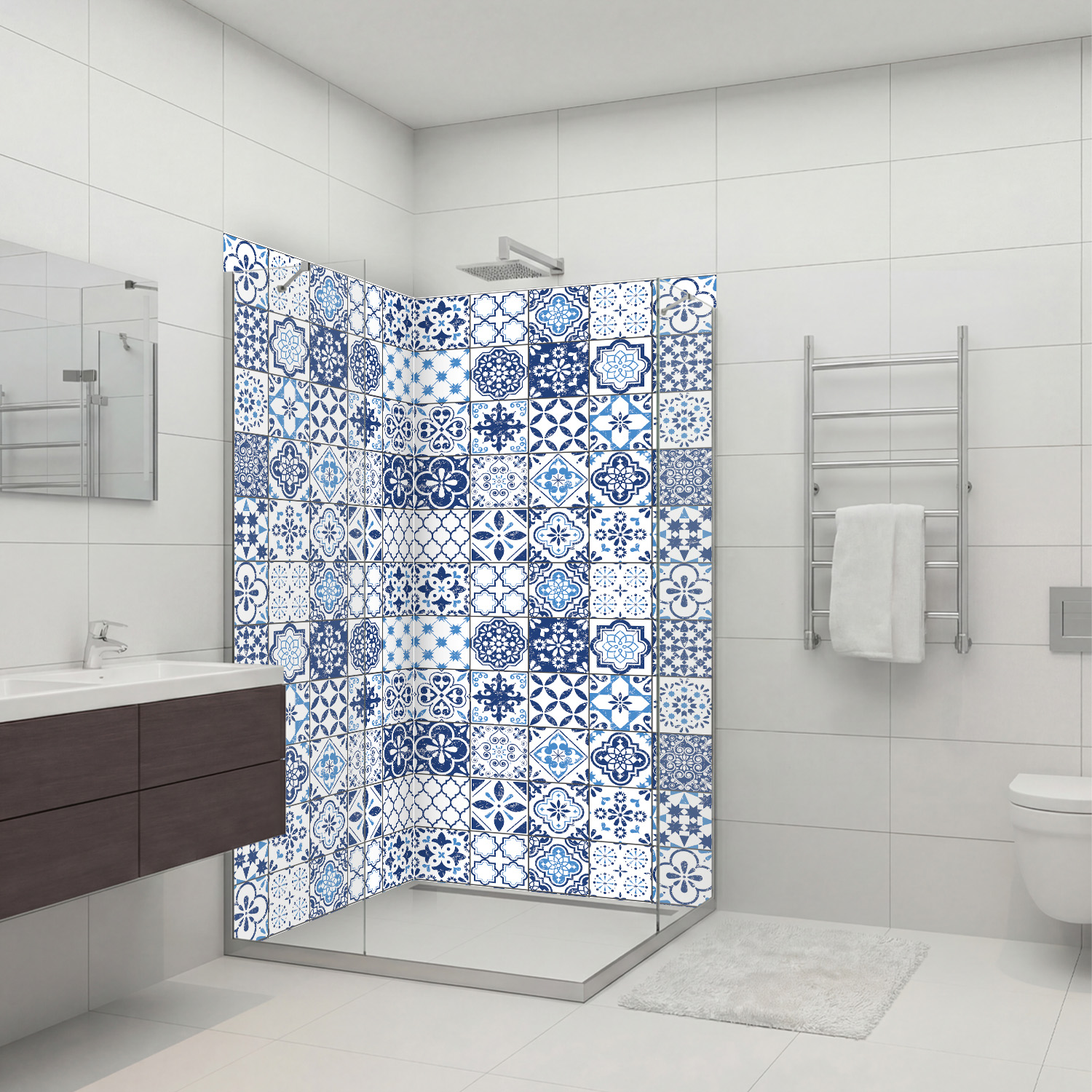 Duschrückwand mit  Fliesen V1 Motiv, als Badrückwand zum Fliesenersatz