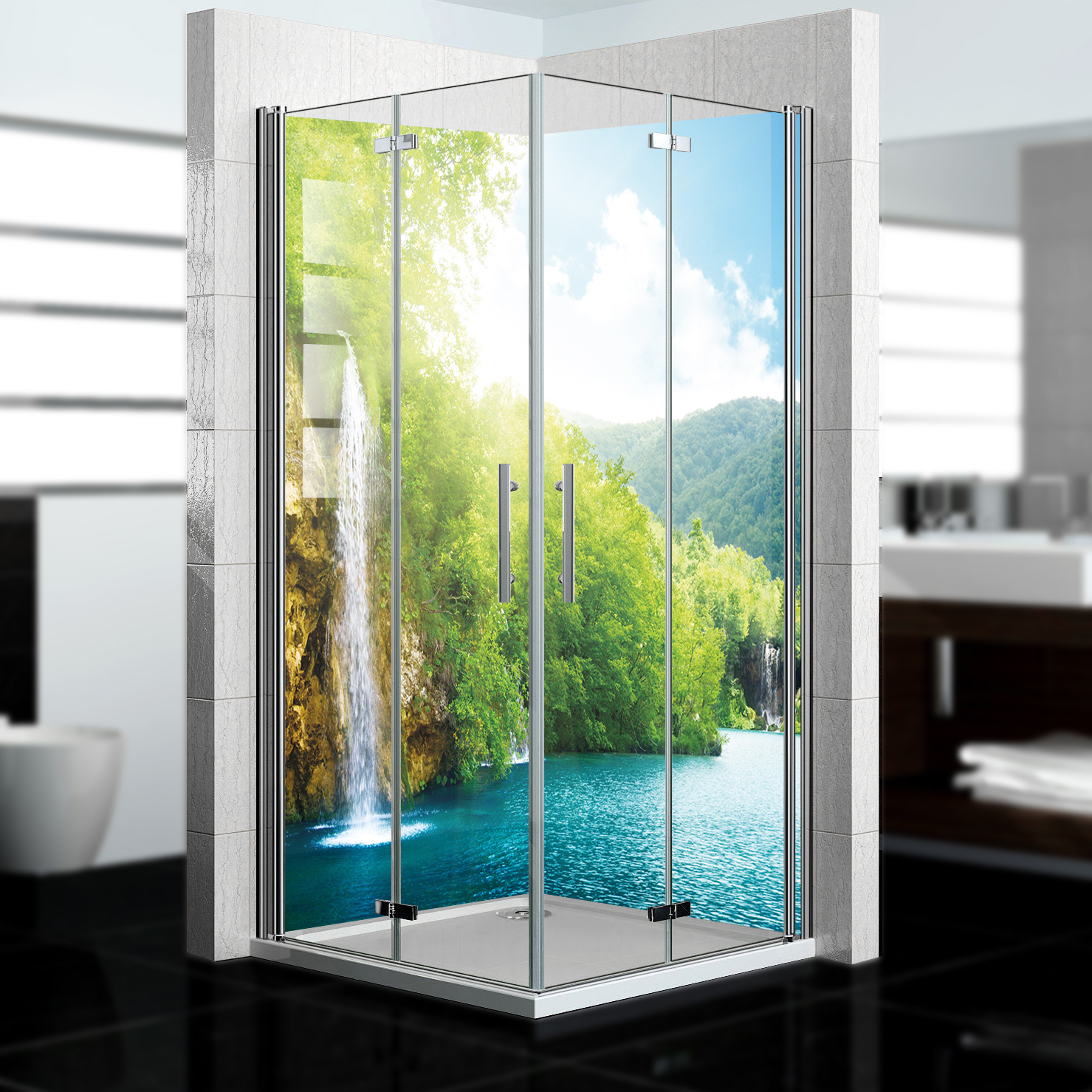 Duschrückwand mit Wasserfall V9 Motiv, als Badrückwand zum Fliesenersatz  Duschrückwand mit Wasserfall V9 Motiv, als Badrückwand zum Fliesenersatz