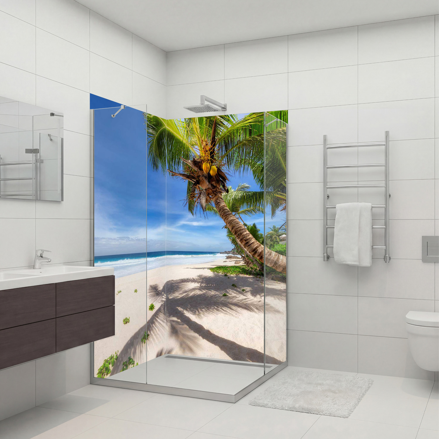 Duschrückwand mit Strand V1 Motiv, als Badrückwand zum Fliesenersatz