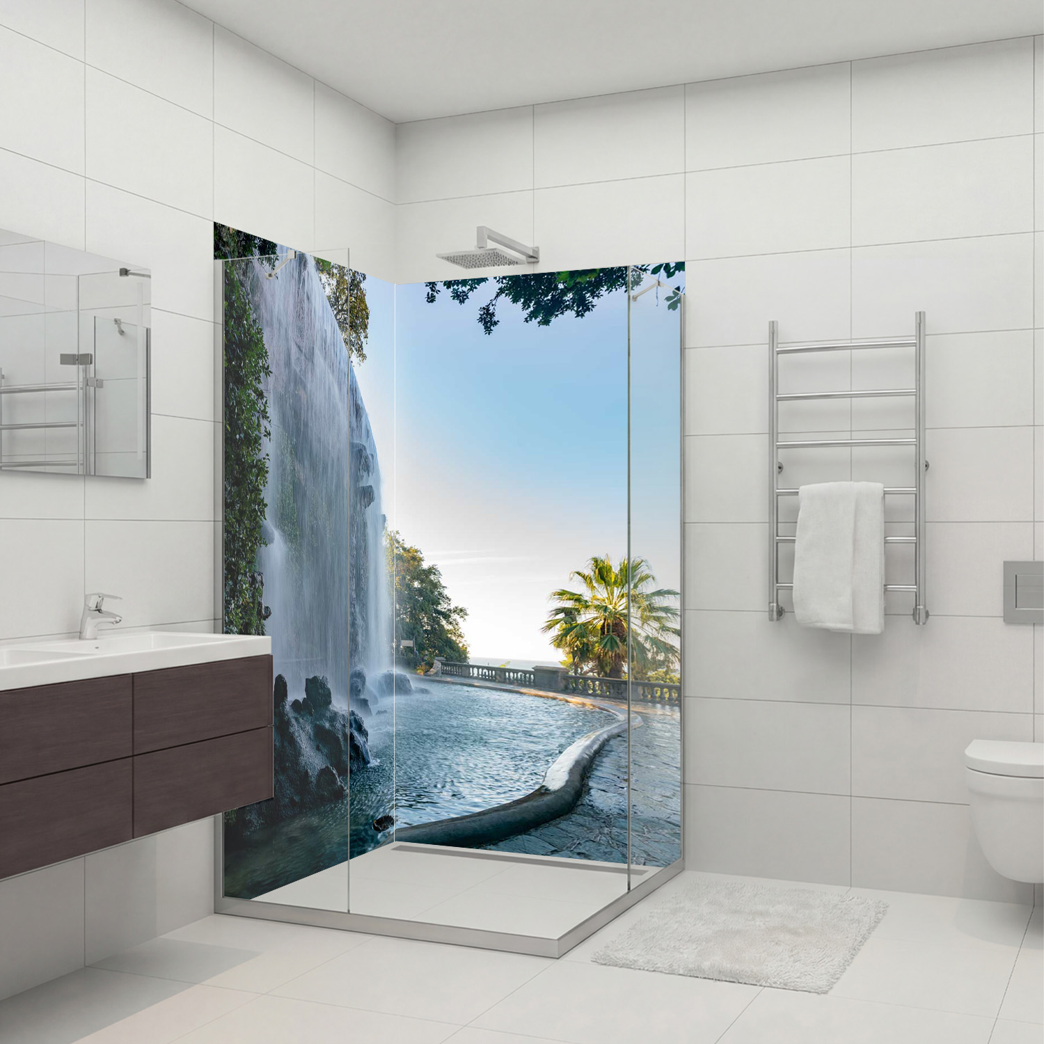 Duschrückwand mit Wasserfall V11 Motiv, als Badrückwand zum Fliesenersatz