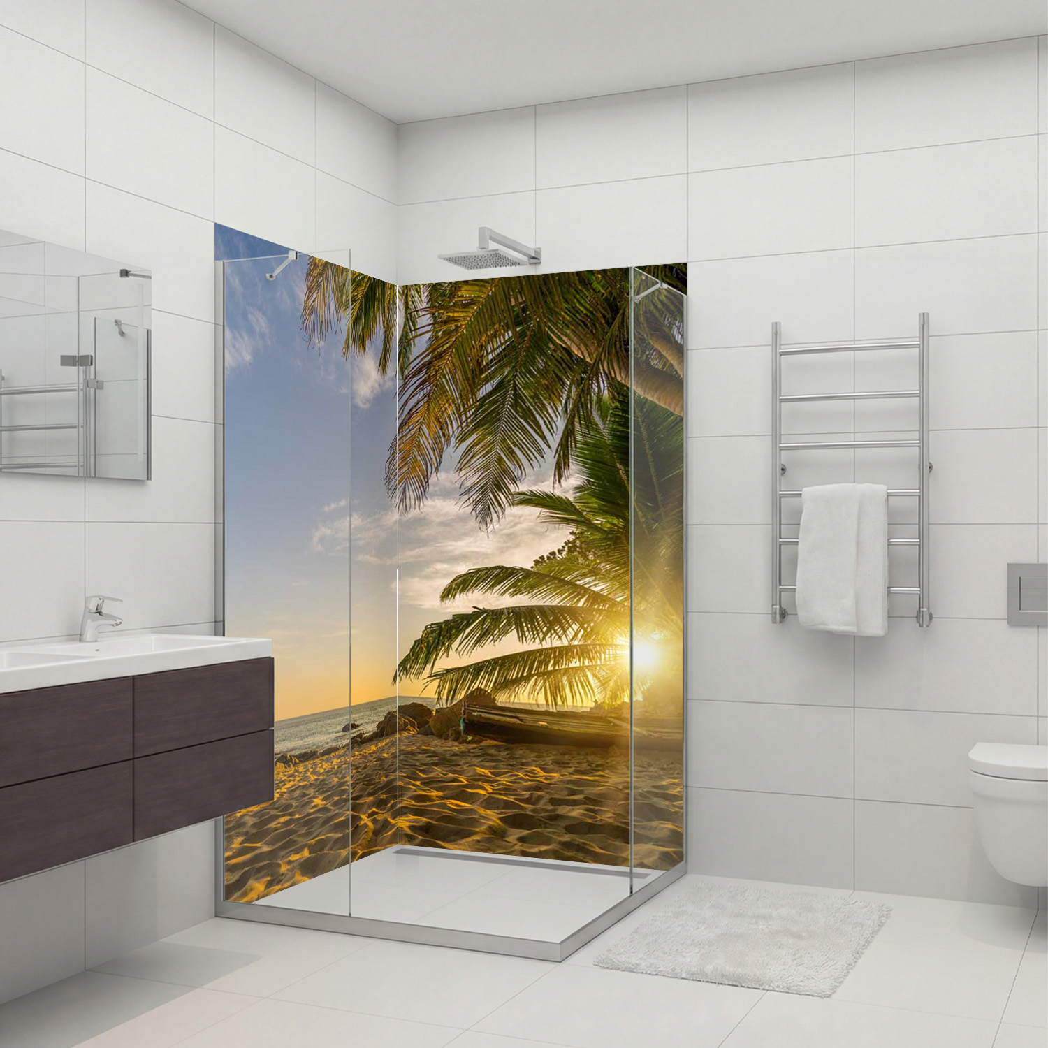 Duschrückwand mit Sonnenuntergang V1 Motiv, als Badrückwand zum Fliesenersatz