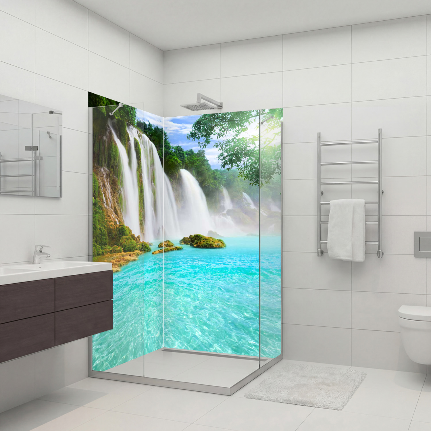 Duschrückwand mit  Wasserfall V13 Motiv, als Badrückwand zum Fliesenersatz