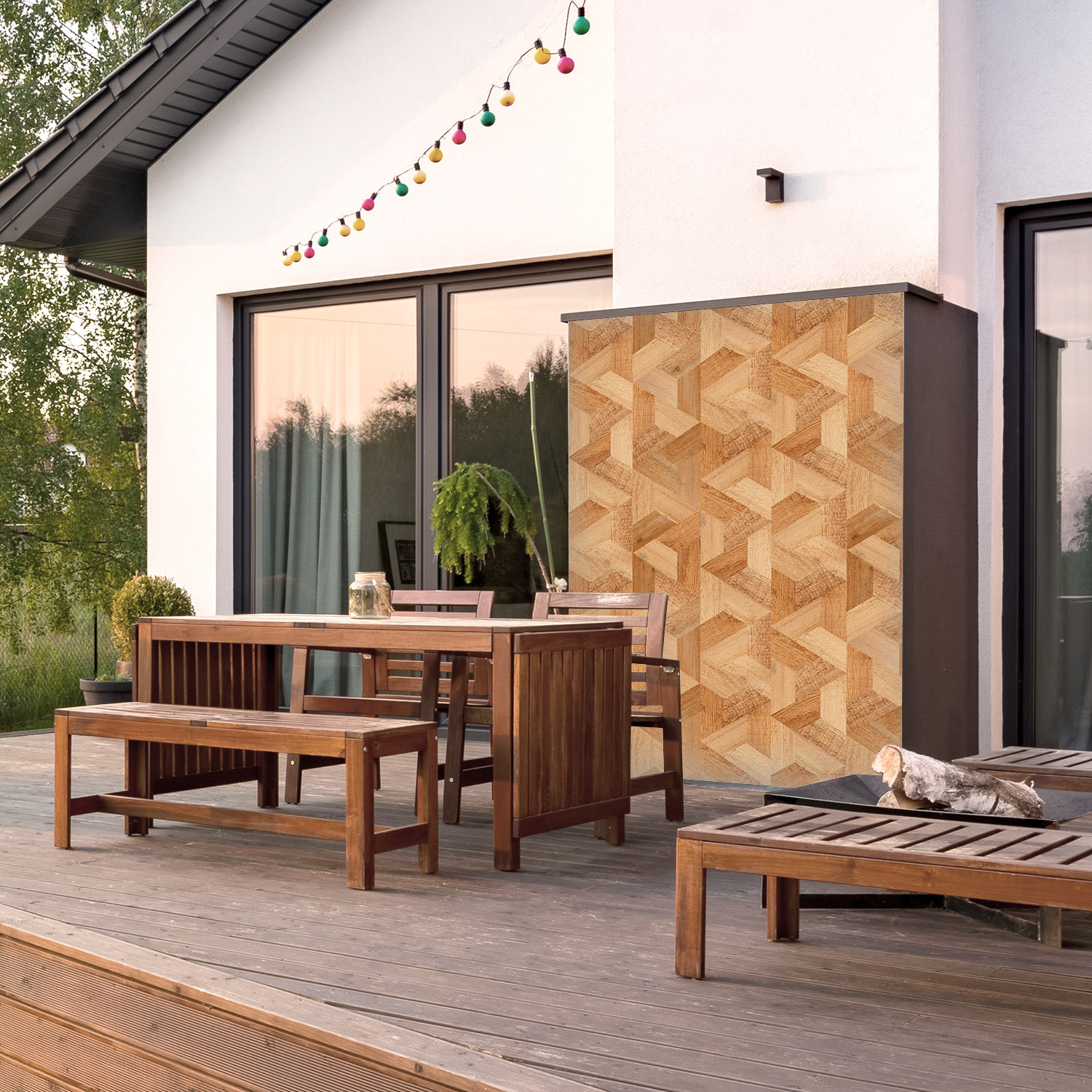 Wandverkleidung für den Outdoorbereich mit Holz V4 Motiv  Wandverkleidung für den Outdoorbereich mit Holz V4 Motiv