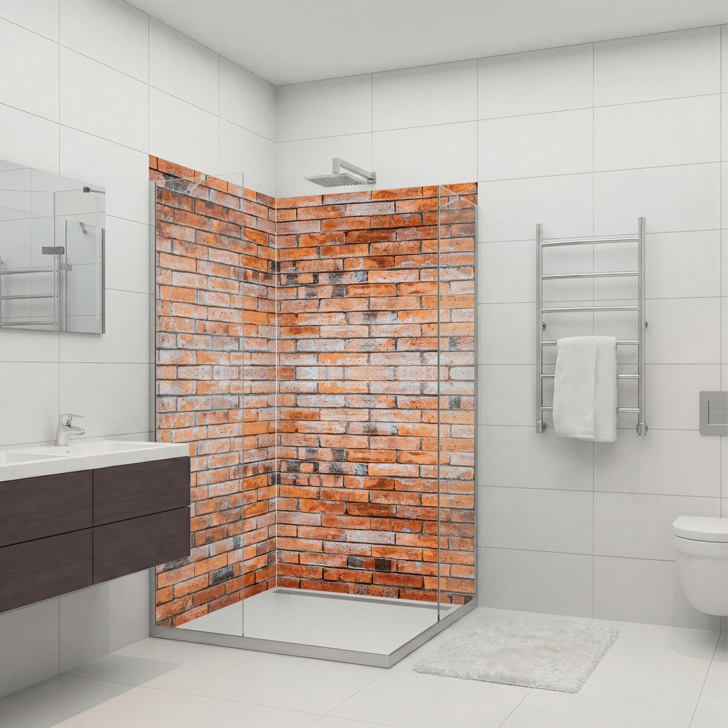 Duschrückwand mit Ziegelsteine V1 Motiv, als Badrückwand zum Fliesenersatz