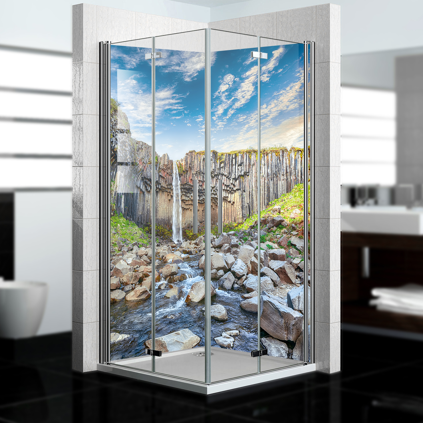 Duschrückwand mit Wasserfall V12 Motiv, als Badrückwand zum Fliesenersatz  Duschrückwand mit Wasserfall V12 Motiv, als Badrückwand zum Fliesenersatz