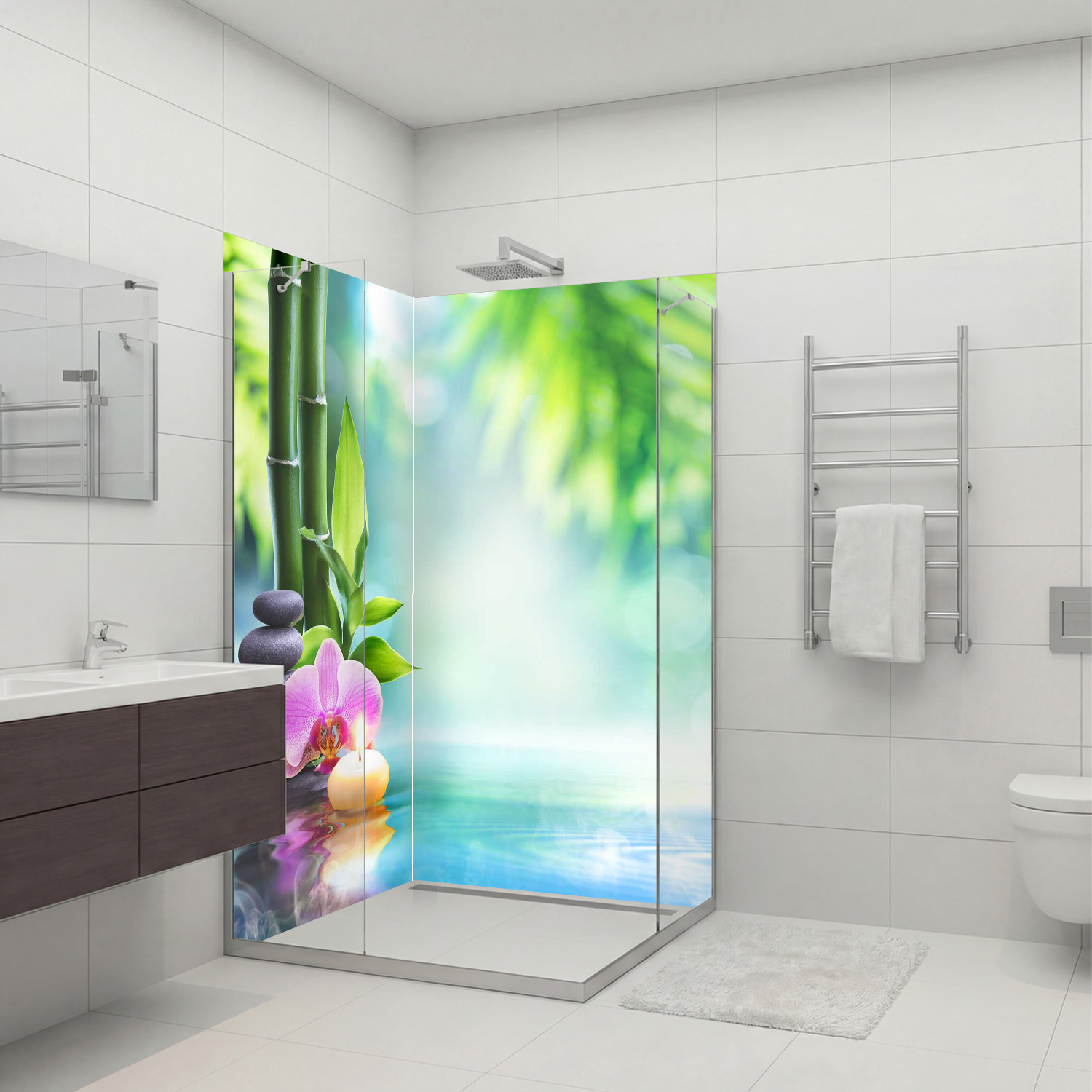 Duschrückwand mit Zen V4 Motiv, als Badrückwand zum Fliesenersatz