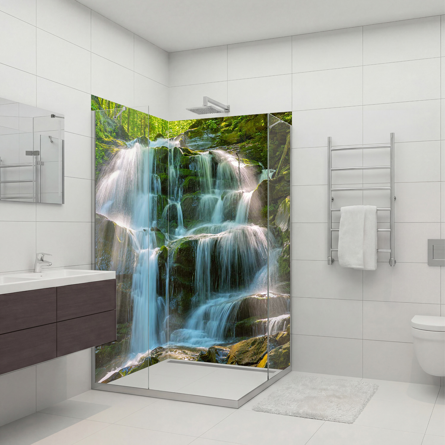 Duschrückwand mit Wasserfall V6 Motiv, als Badrückwand zum Fliesenersatz