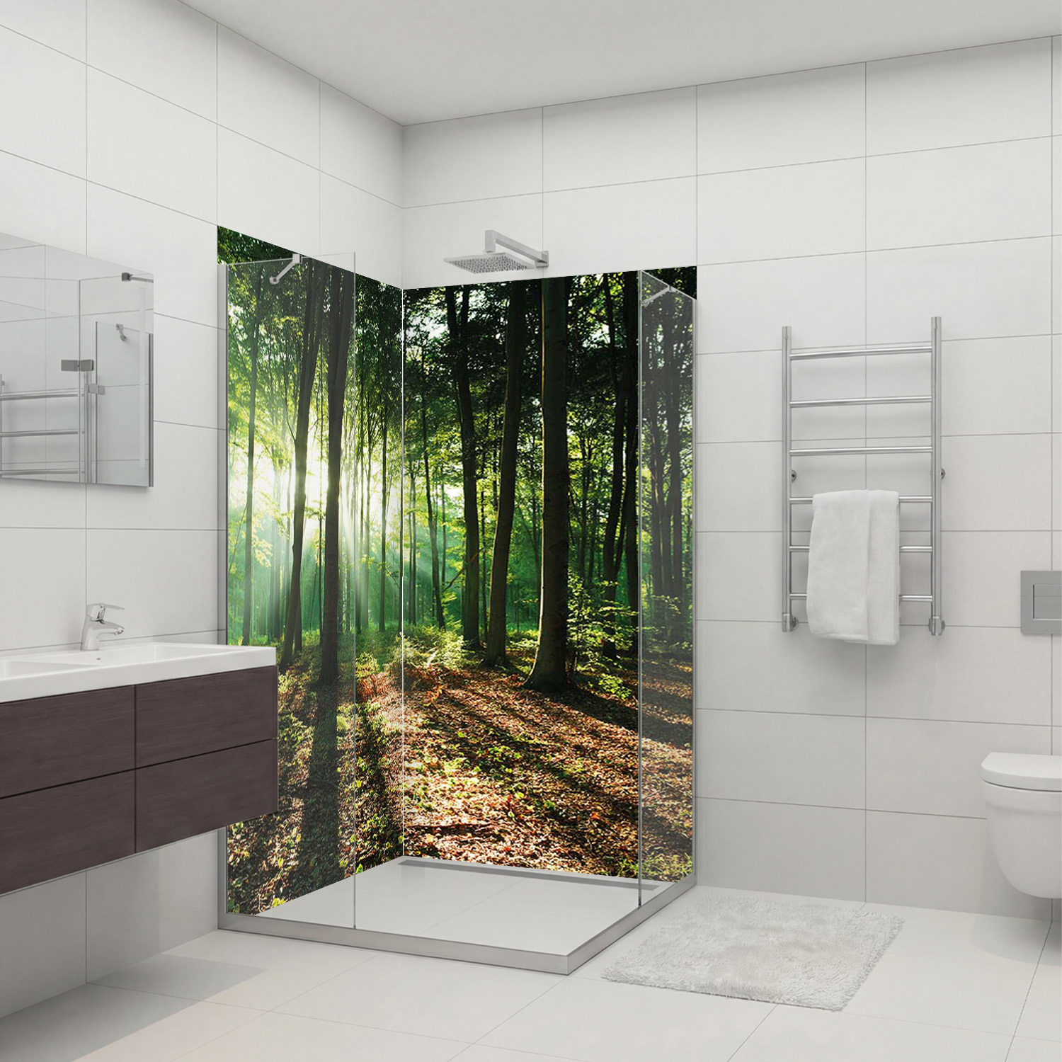 Duschrückwand mit Wald V5 Motiv, als Badrückwand zum Fliesenersatz