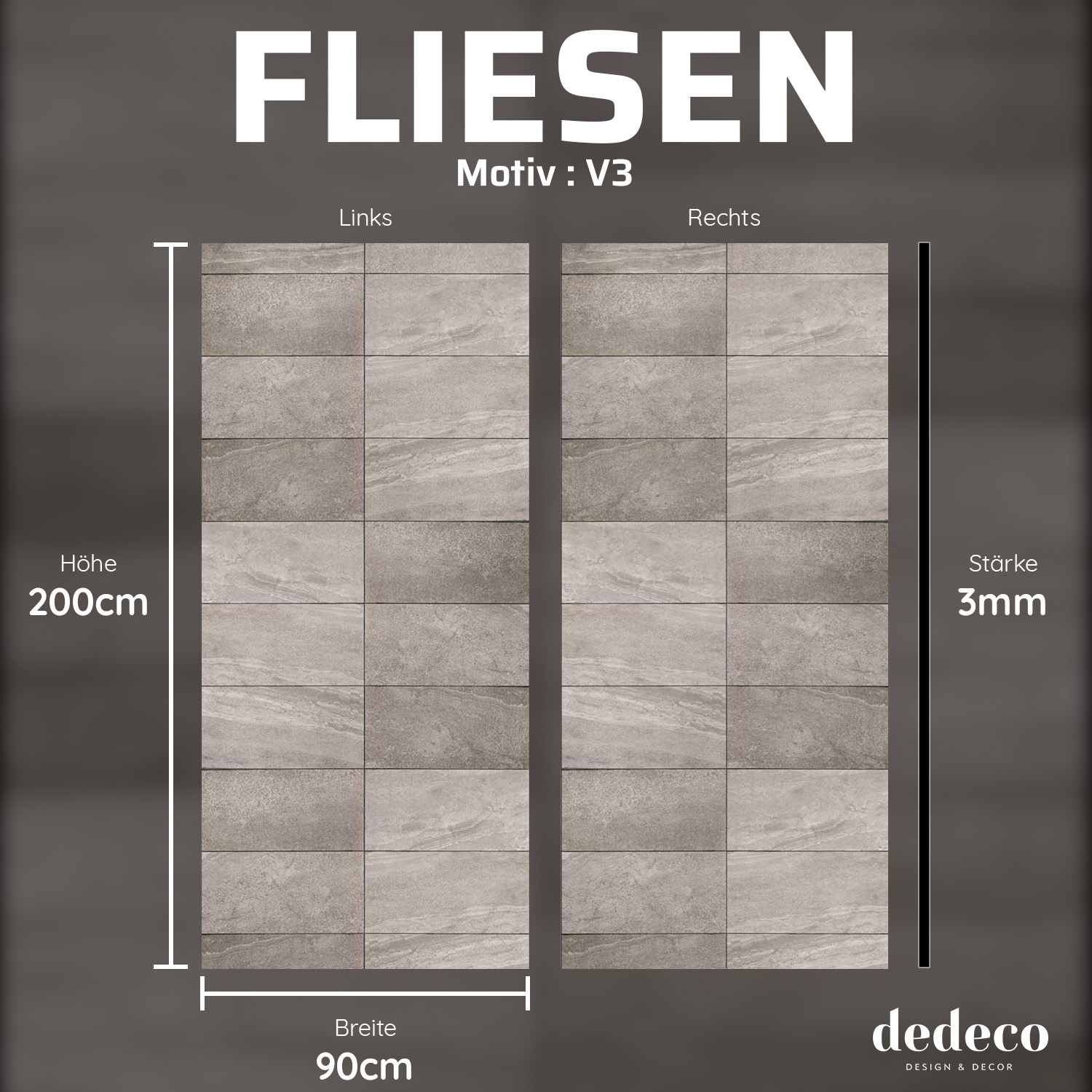 Duschrückwand mit Fliesen V3 Motiv, als Badrückwand zum Fliesenersatz
