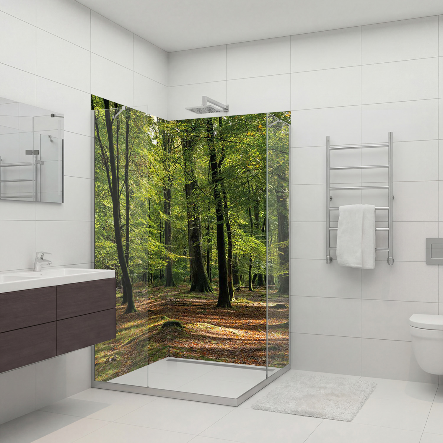 Duschrückwand mit Wald V6 Motiv, als Badrückwand zum Fliesenersatz