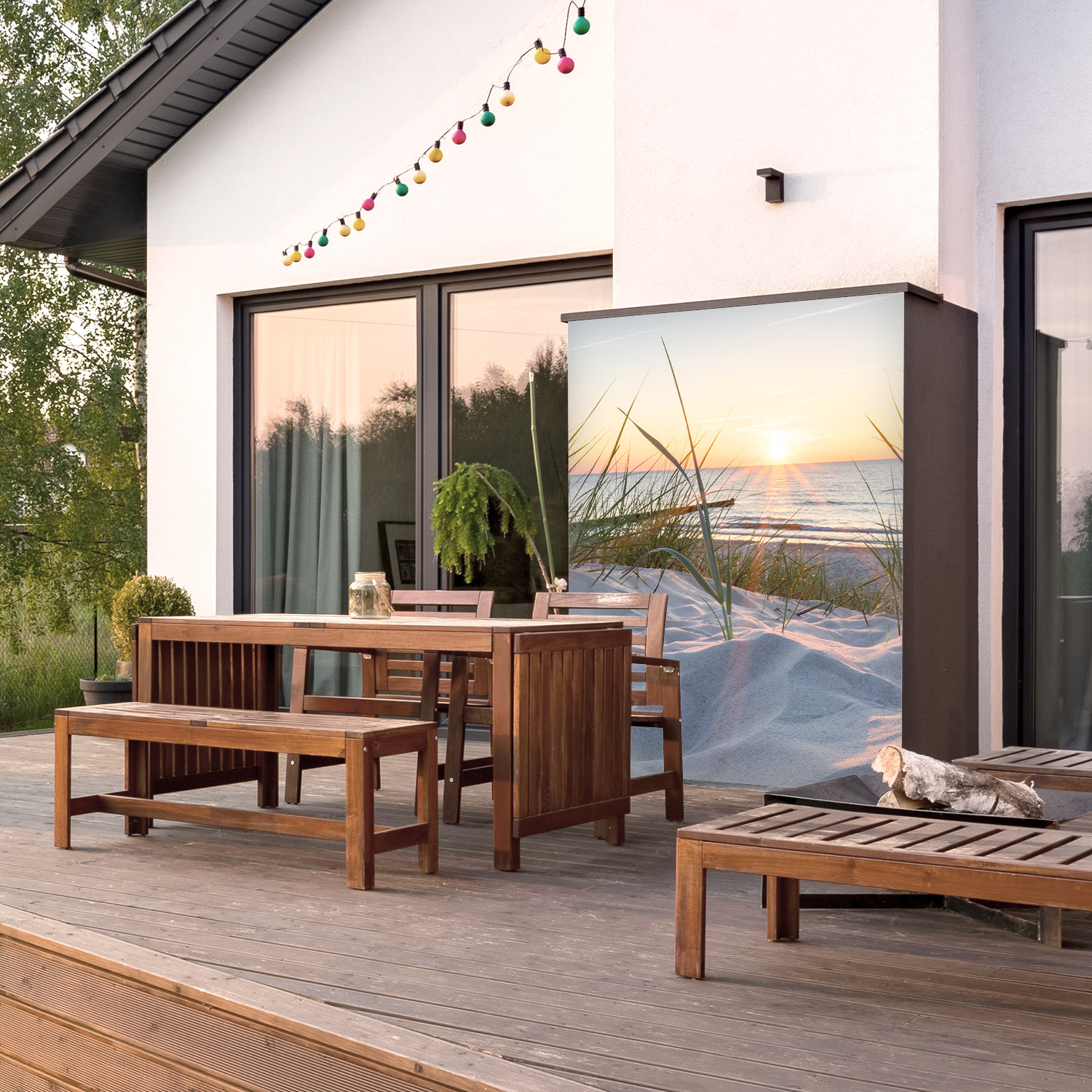 Wandverkleidung für den Outdoorbereich mit Sonnenaufgang V1 Motiv