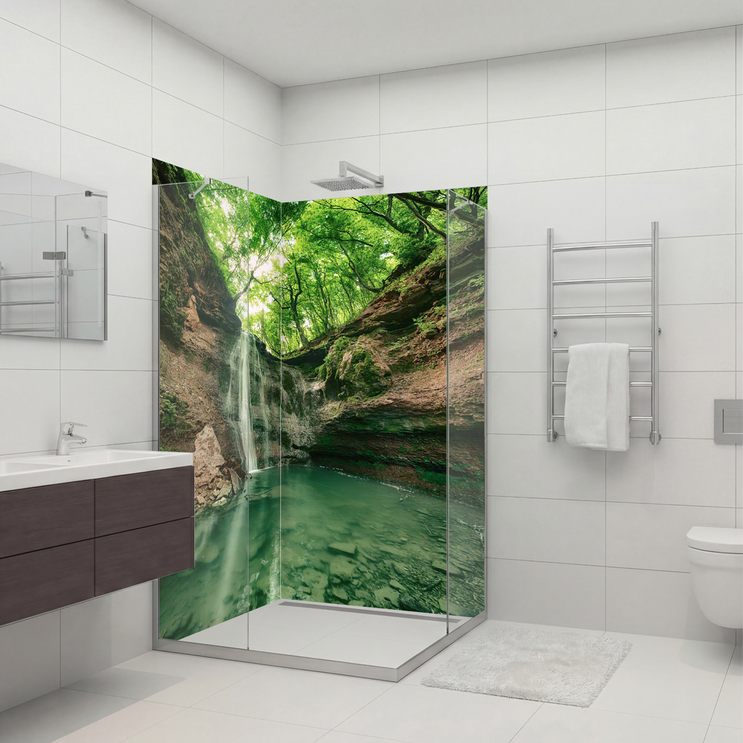Duschrückwand mit Wasserfall V5 Motiv, als Badrückwand zum Fliesenersatz