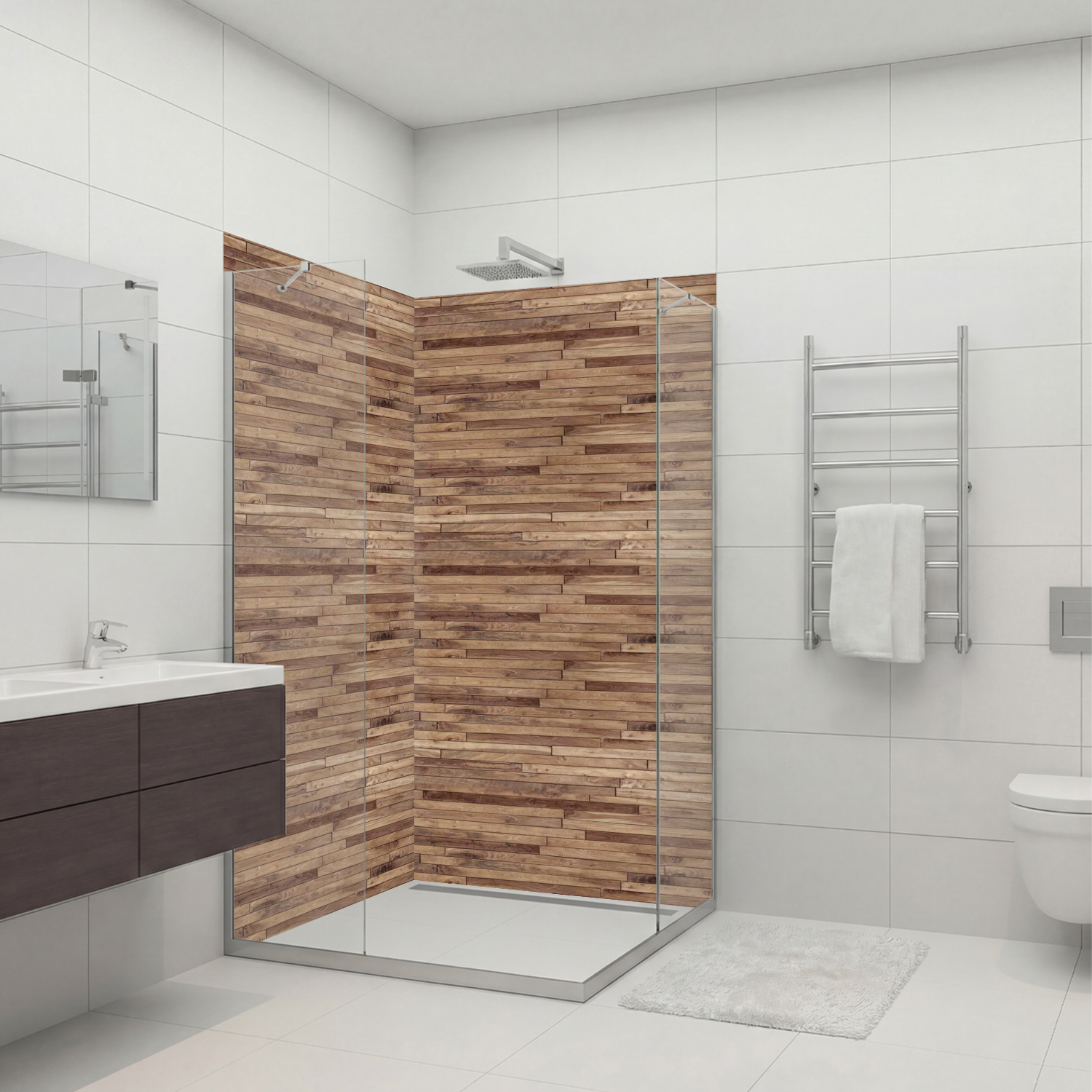 Duschrückwand mit Holz V3 Motiv, als Badrückwand zum Fliesenersatz