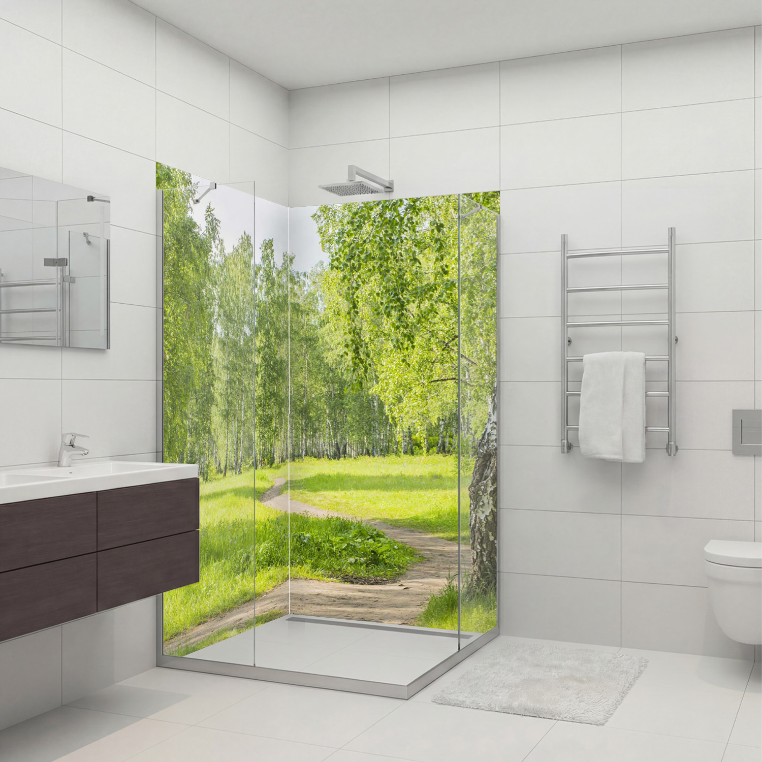 Duschrückwand mit Wald V2 Motiv, als Badrückwand zum Fliesenersatz