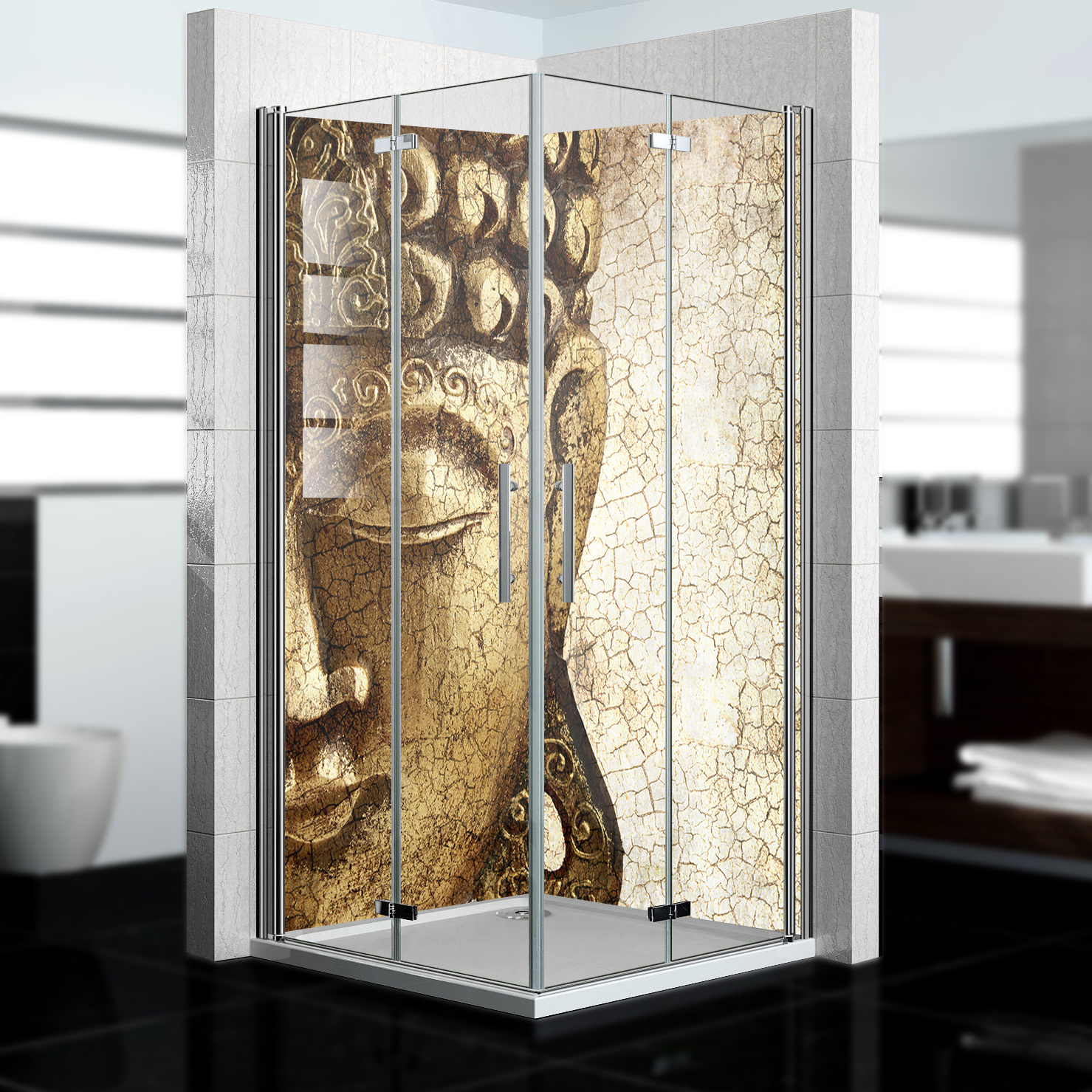 Duschrückwand mit Buddha V1 Motiv, als Badrückwand zum Fliesenersatz Duschrückwand mit Buddha V1 Motiv, als Badrückwand zum Fliesenersatz