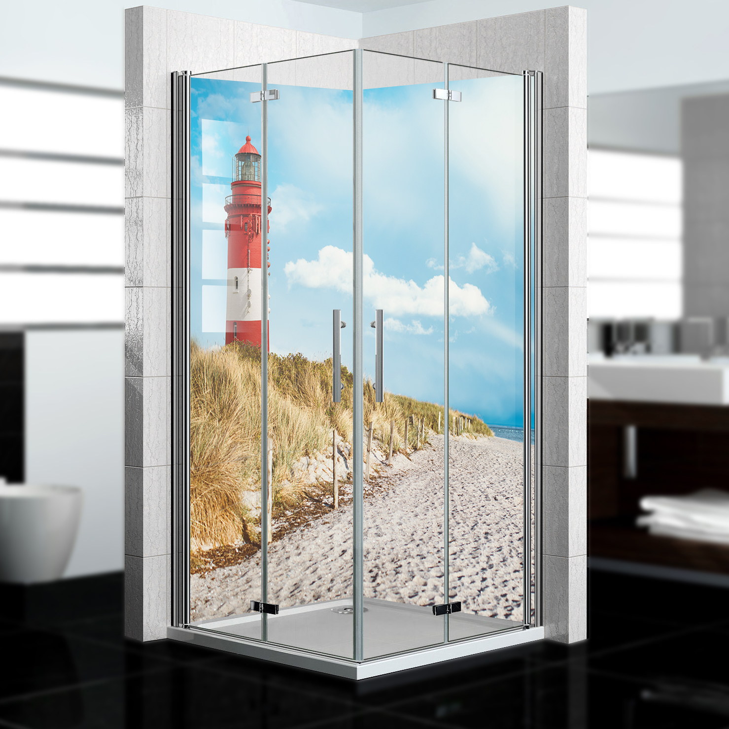 Duschrückwand mit Leuchtturm V1 Motiv, als Badrückwand zum Fliesenersatz