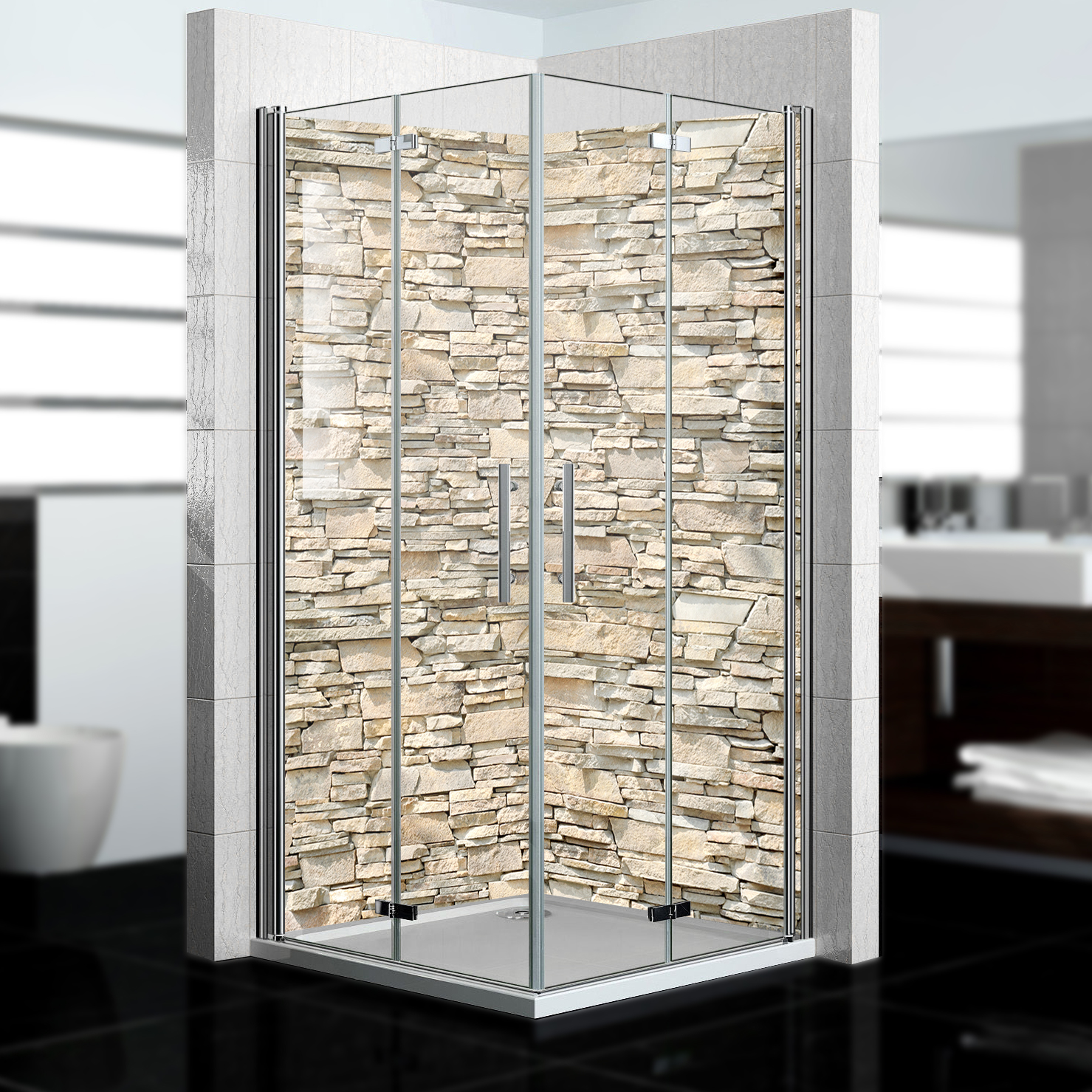 Duschrückwand mit Stein V2 Motiv, als Badrückwand zum Fliesenersatz Duschrückwand mit Stein V2 Motiv, als Badrückwand zum Fliesenersatz