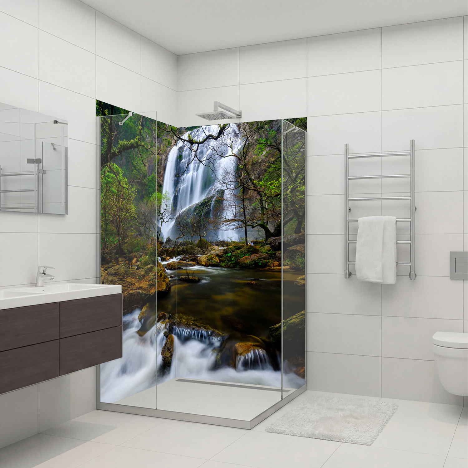 Duschrückwand mit Wasserfall V3 Motiv, als Badrückwand zum Fliesenersatz