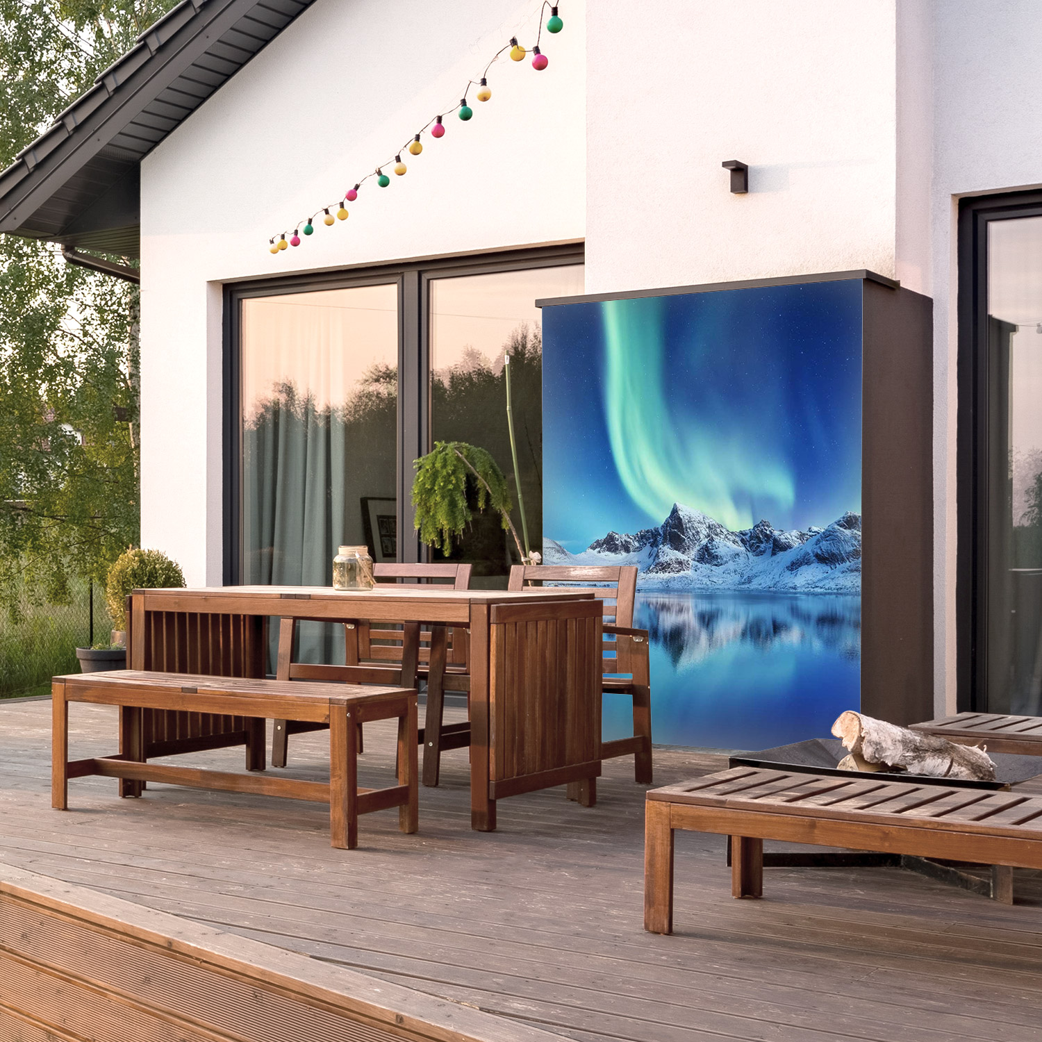 Wandverkleidung für den Outdoorbereich mit Polarlicht V2 Motiv