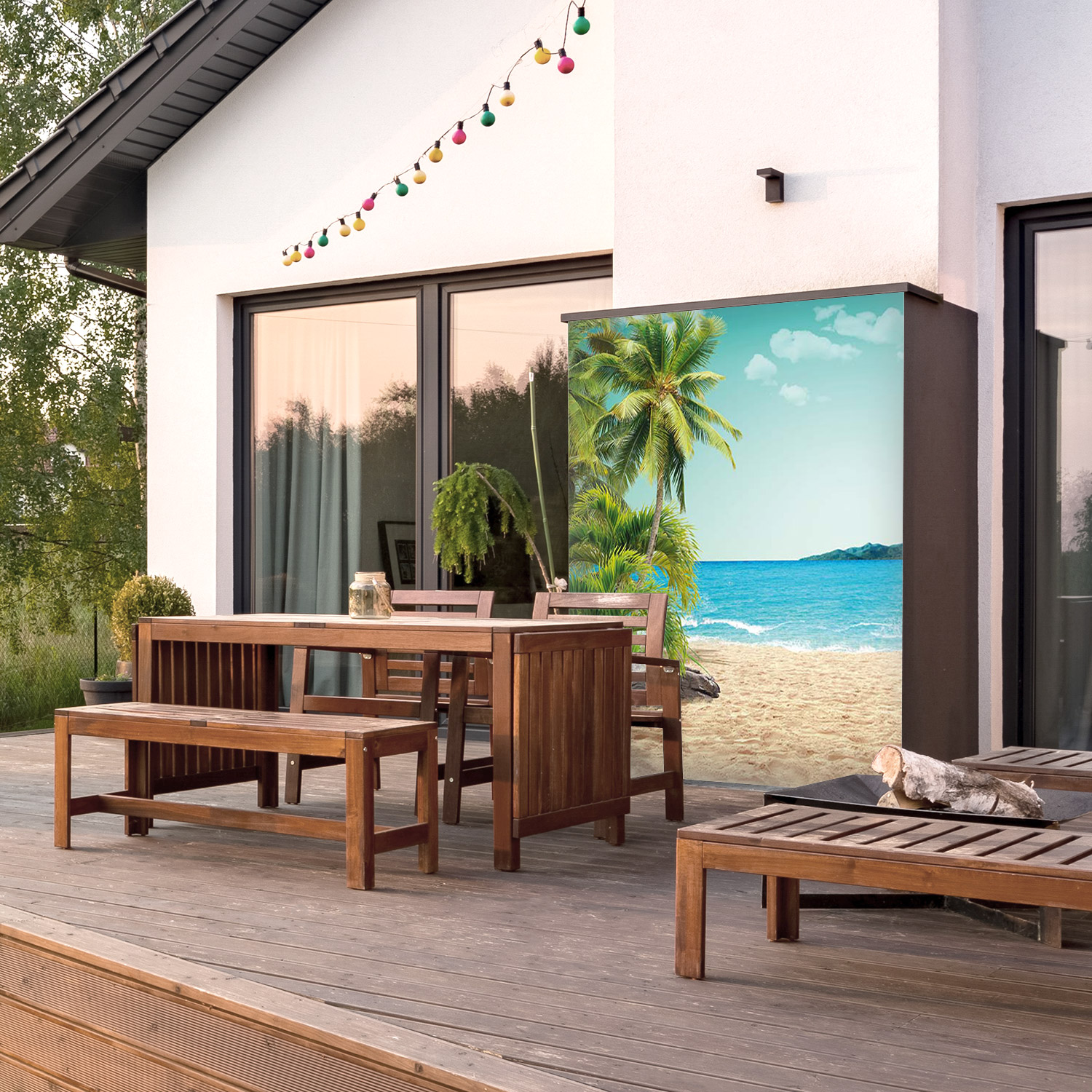 Wandverkleidung für den Outdoorbereich mit Strand V8 Motiv