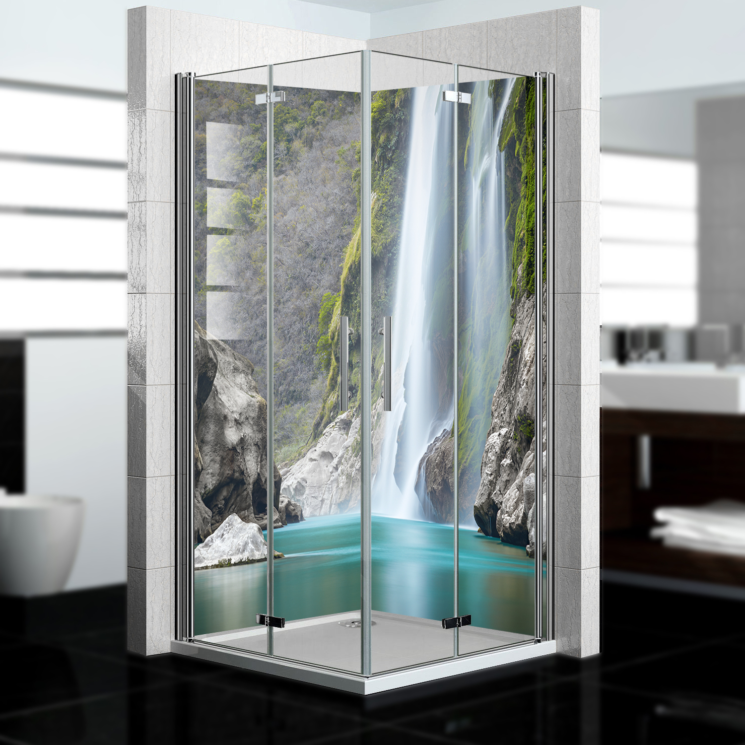 Duschrückwand mit Wasserfall V15 Motiv, als Badrückwand zum Fliesenersatz  Duschrückwand mit Wasserfall V15 Motiv, als Badrückwand zum Fliesenersatz