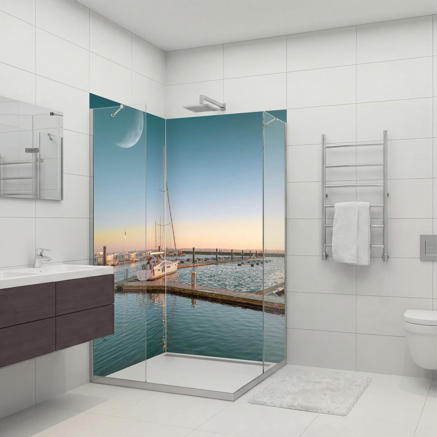 Duschrückwand mit Hafen V1 Motiv, als Badrückwand zum Fliesenersatz