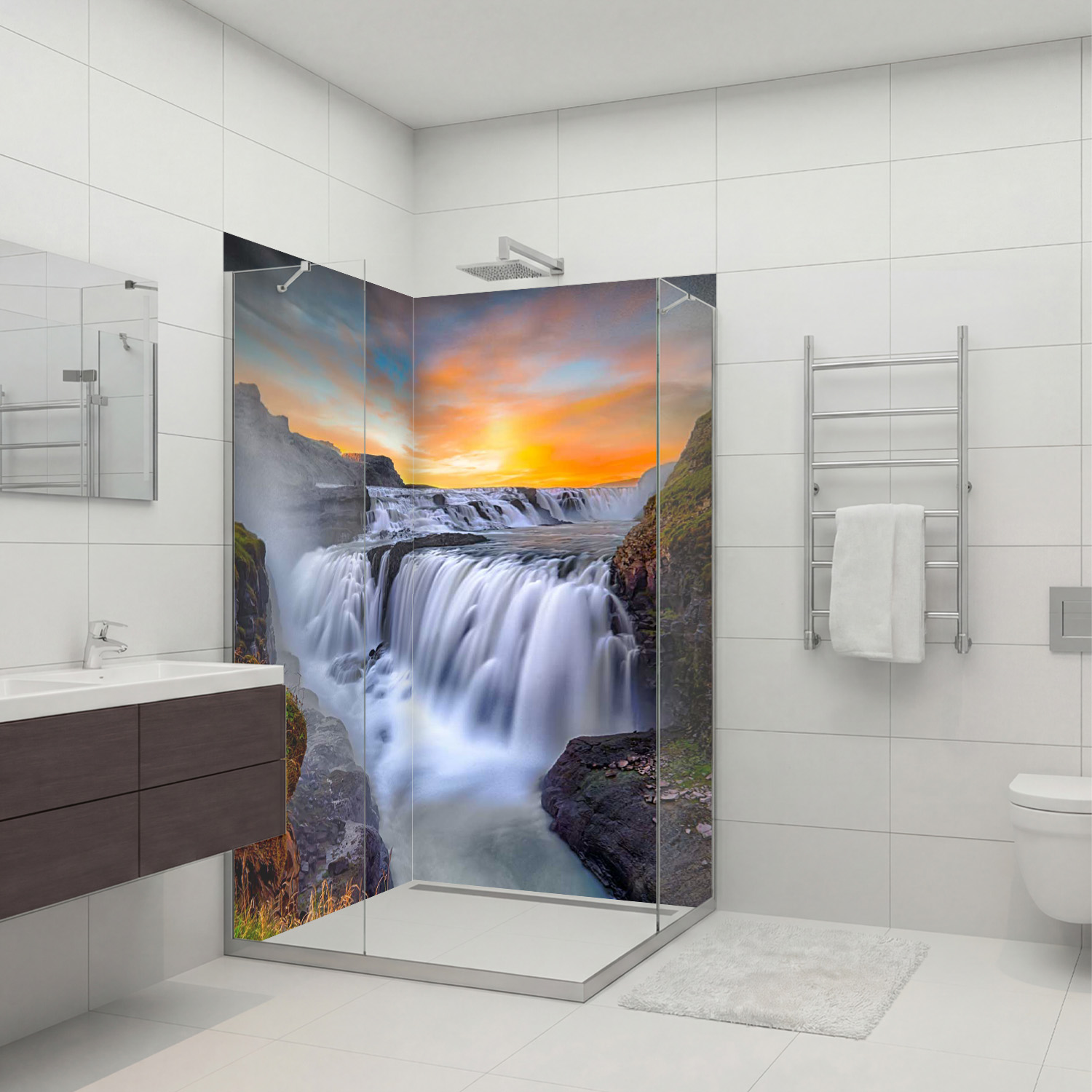 Duschrückwand mit Wasserfall V2 Motiv, als Badrückwand zum Fliesenersatz